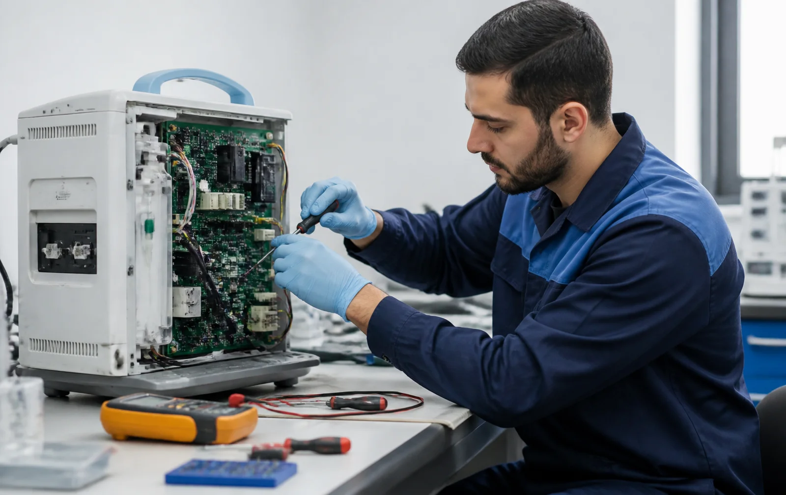 Técnico da BF Hospitalar realizando reparo corretivo em equipamento hospitalar