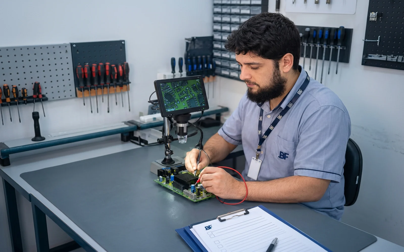 Técnico da BF Hospitalar avaliando uma placa eletrônica em bancada técnica com microscópio digital